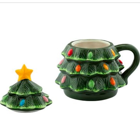 Set Of 2 Green Tree Holiday Mugs with Lids - Picture 2 of 3